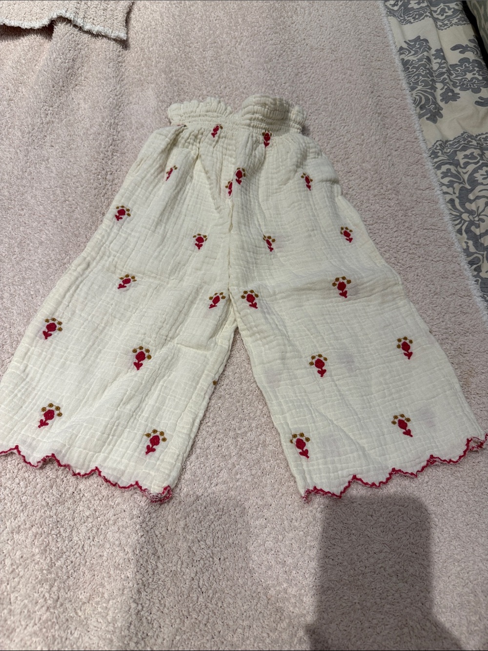 Cream Kids Pants with Red Floral Embroidery